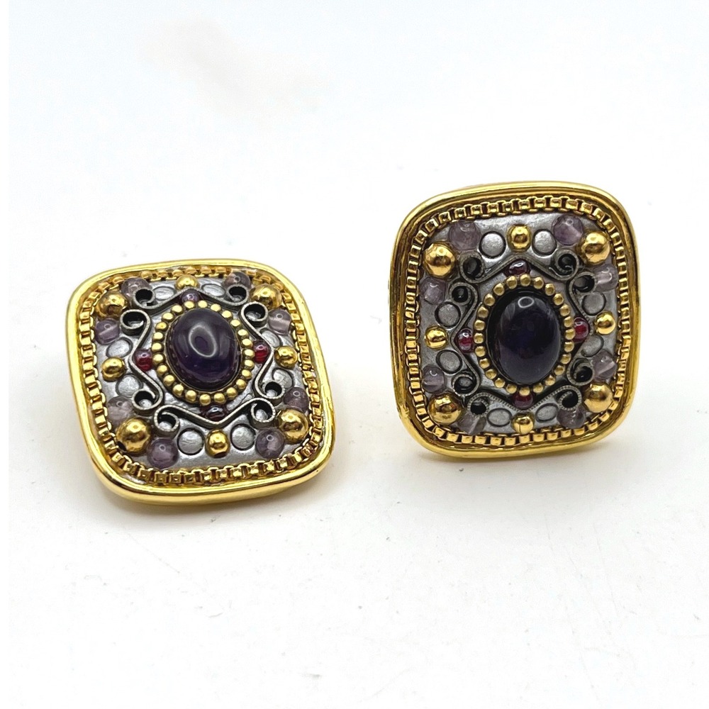 Michal Golan Byzantine Purple Cabochon Gold Tone Square Clip On Earrings